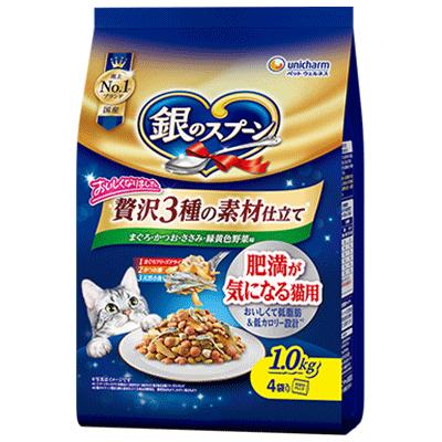 【同梱不可】【6個セット】ユニ・チャーム 銀のスプーン贅沢３種の素材仕立て肥満が気になる猫用まぐろ・かつお・ささみ・野菜味１．０ｋｇ｜スペシャルスペース