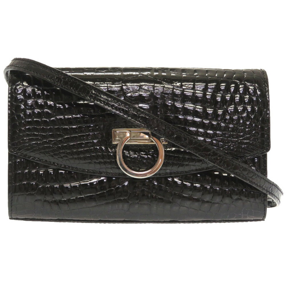 美品 サルヴァトーレ フェラガモ ガンチーニ FL-216492 クロコダイル ブラック バッグ 0080 【中古】 Salvatore Ferragamo