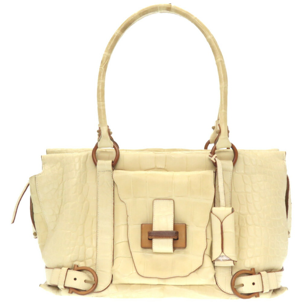 フェラガモ ウッド ガンチーニ マットクロコ トートバッグ AQ-21 5438 クロコダイル ベージュ 0044【中古】Salvatore Ferragamo