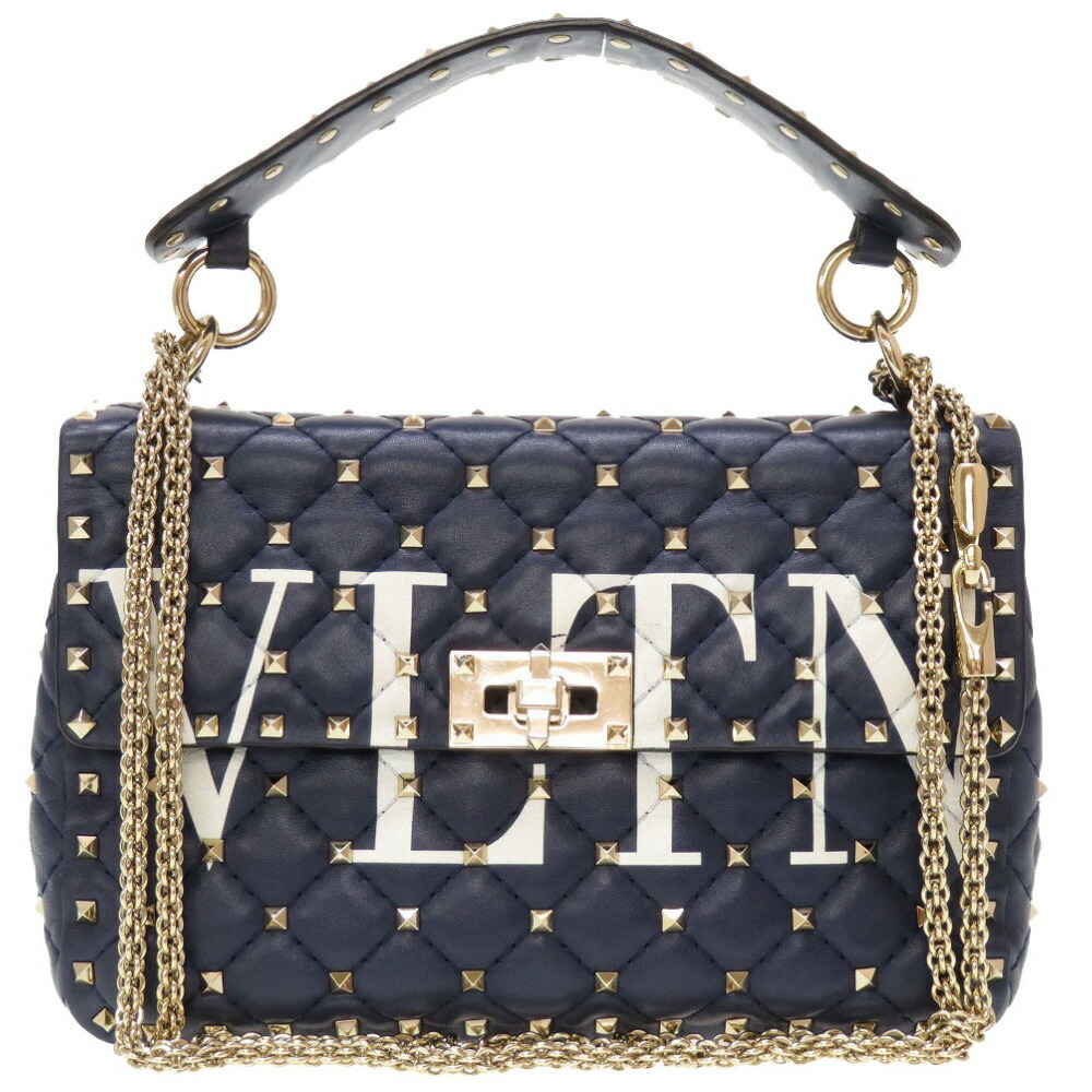 美品 ヴァレンティノ ガラヴァーニ ロックスタッズ レザー ネイビー ショルダーバッグ バッグ 紺 0032 【中古】 Valentino Garavani|LIFE TIME店
