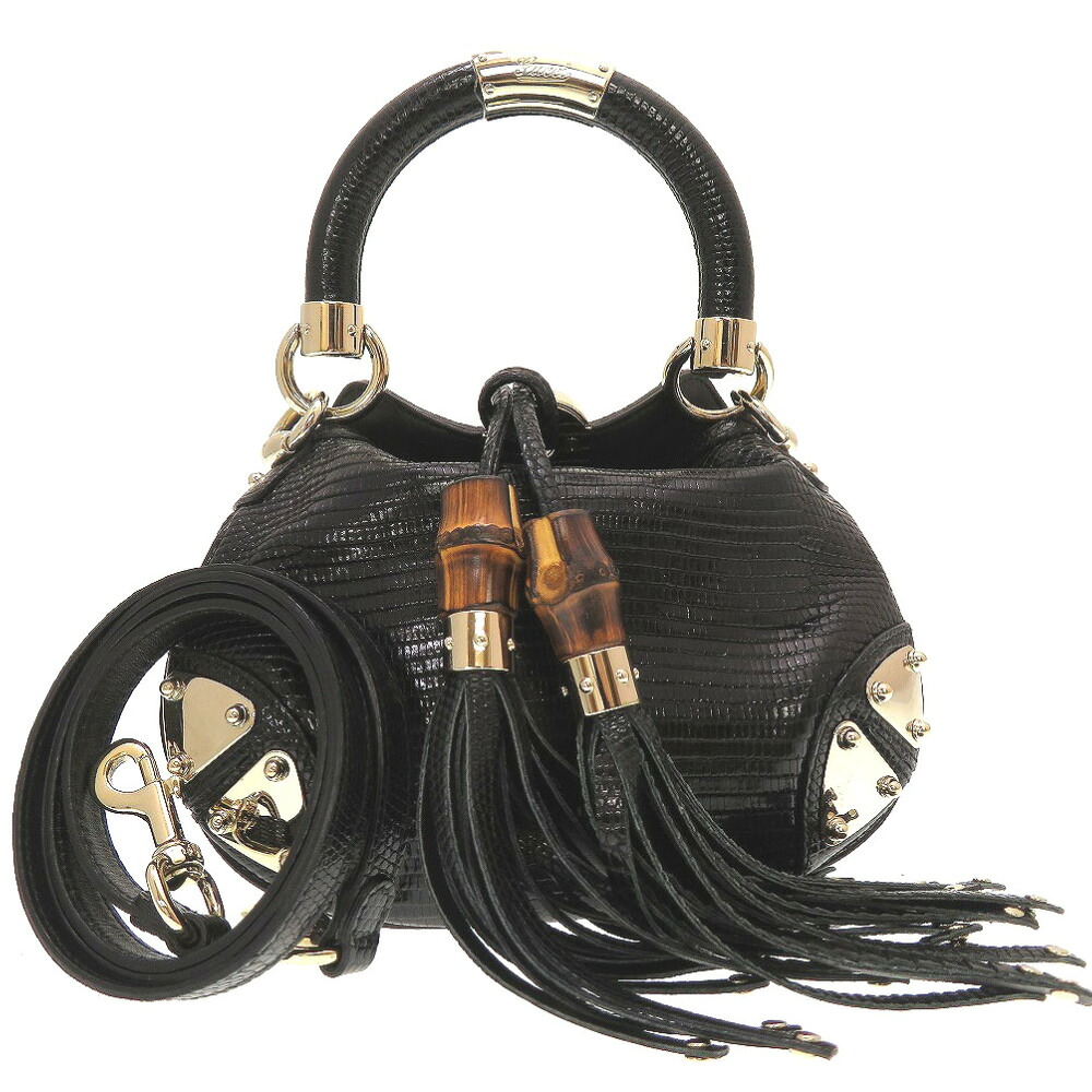 美品 グッチ インディ 197051 蜥蜴 黒いこと 黒 同盟罷業一回り 肩先 ハンドバック 0006【中古】GUCCI