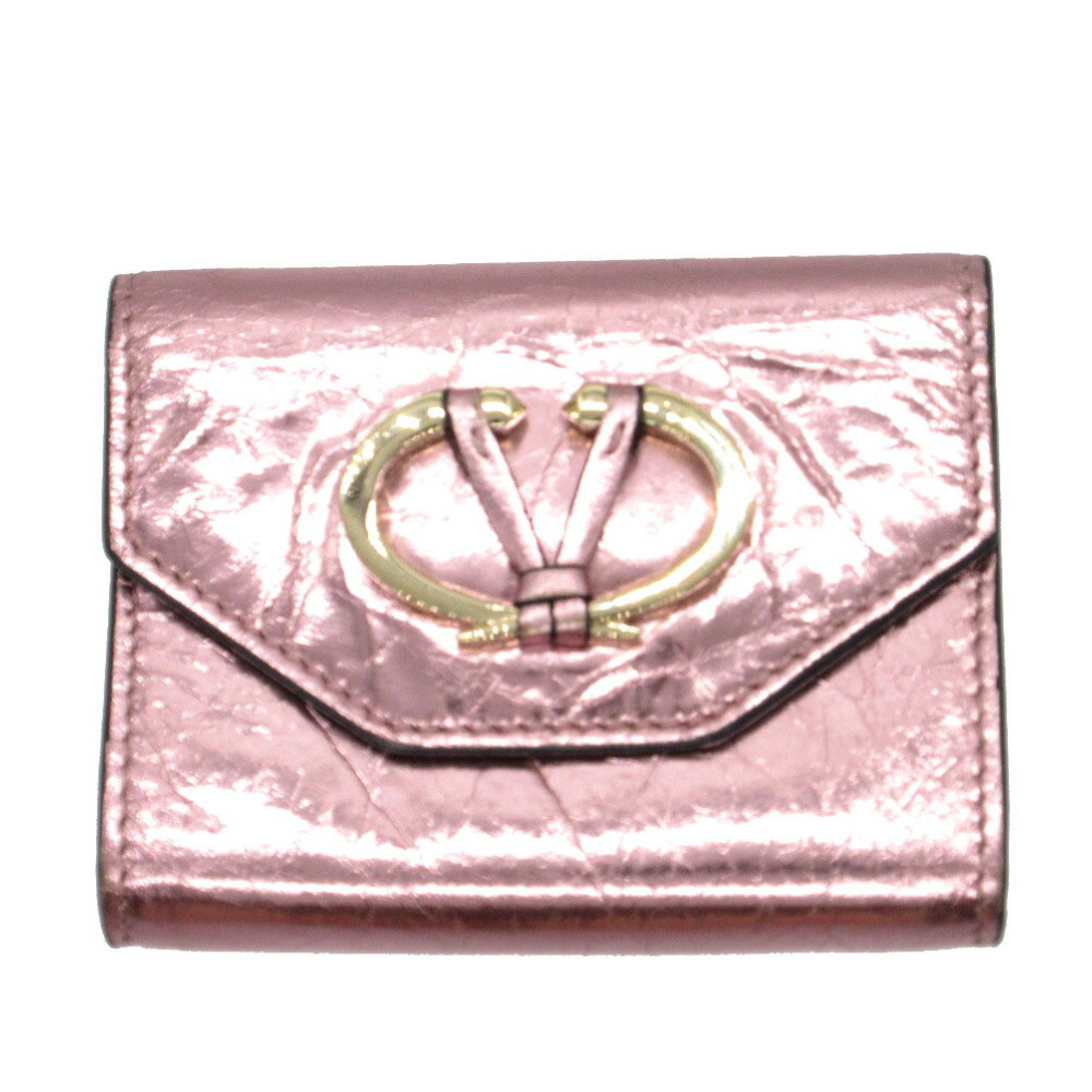美品 ヴァレンティノ Vロゴ メタルカラー シワ加工 カードケース レザー メタリックピンク 1163【中古】VALENTINO