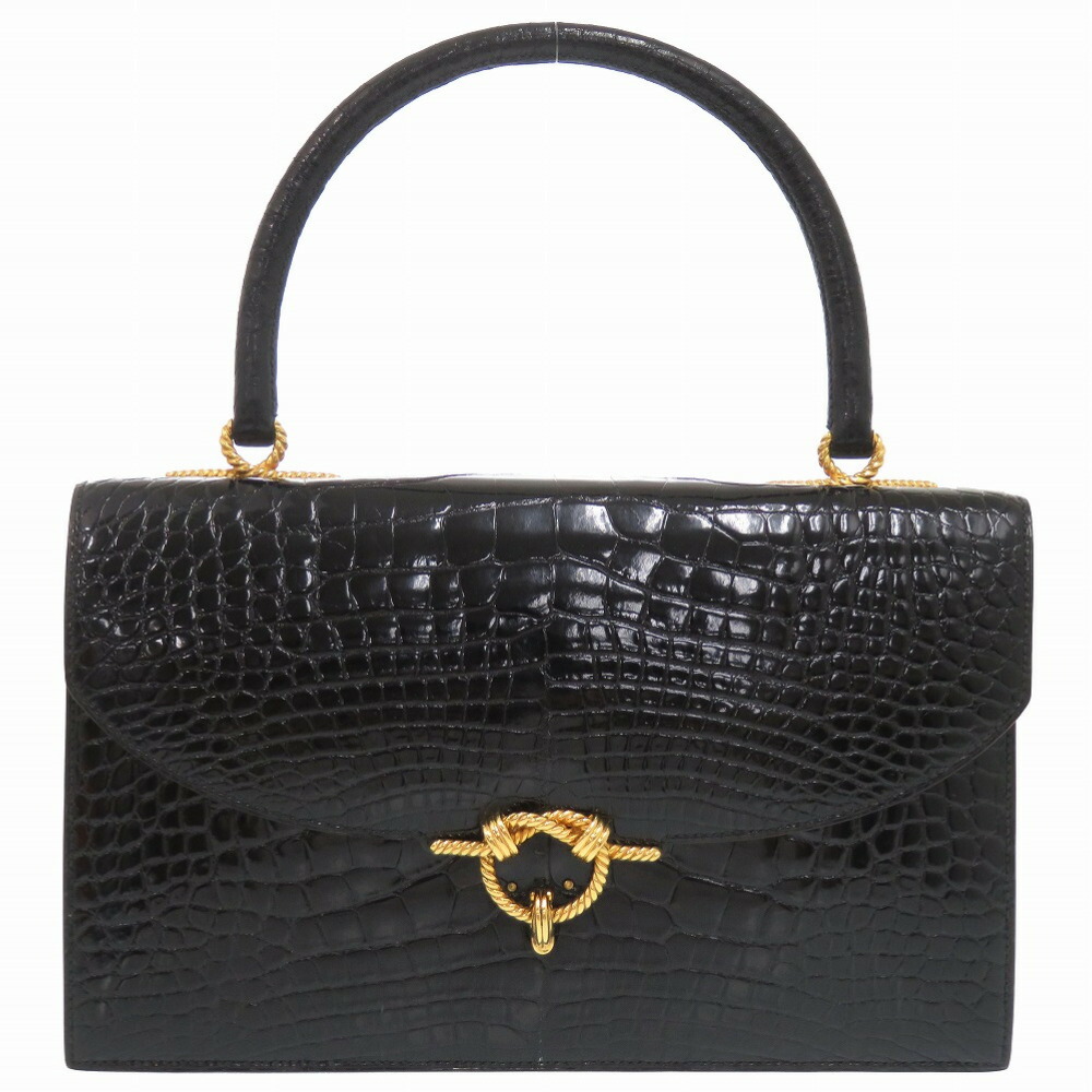 美品 エルメス コルドリエール アリゲーター ブラック ゴールド金具 〇T刻印 ハンドバッグ 黒 0638 【中古】 HERMES