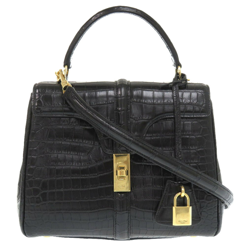 新品同様 セリーヌ セーズ アリゲーター ブラック ゴールド金具 2WAY ハンドバッグ 黒 2171 【中古】 CELINE クロコダイル｜ＬＩＦＥ ＴＩＭＥ店