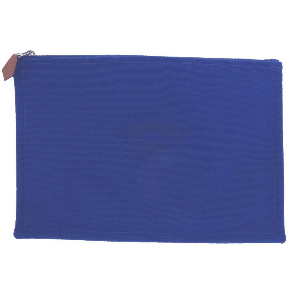 新品負けず劣らず エルメス 平ったい合切袋MM 帆布 青み 青味  合切袋 0275【中古】HERMES