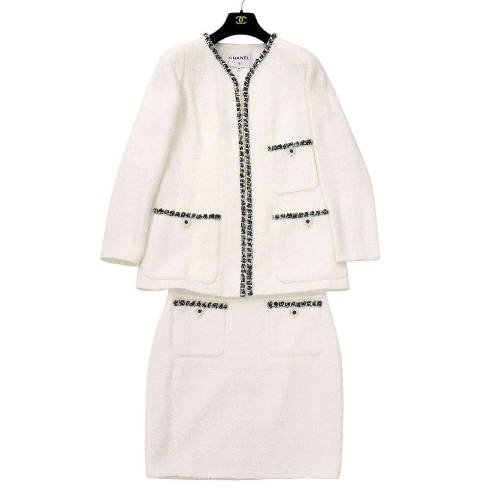 美品 シャネル ツィード 綿織物 石ころ ポリアミド 白いこと セットアップ 白 1327【中古】CHANEL