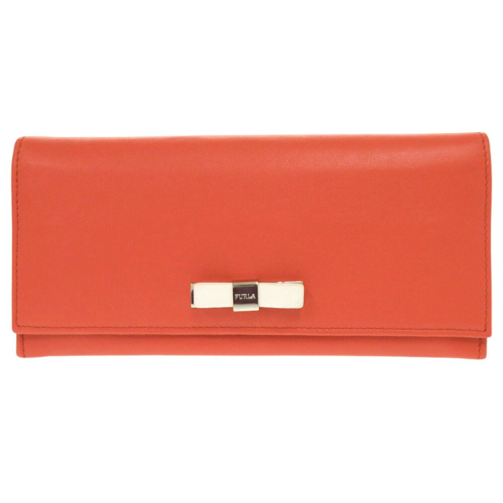 新品同様 フルラ リボン レザー オレンジ 長財布 1244【中古】Furla