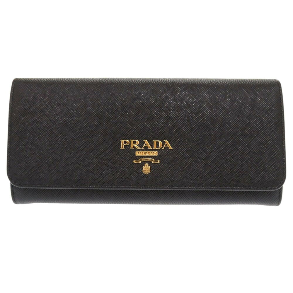 美品 プラダ サフィアーノ なめし革 黒いこと 長紙入れ 二つ折り長紙入れ 黒 0301【中古】PRADA
