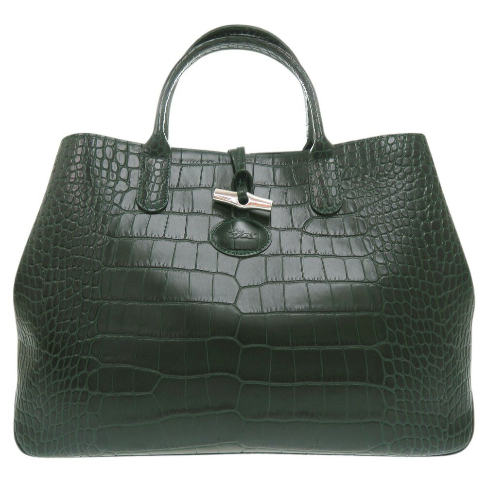 ロンシャン　ハンドバッグ　茶　クロコ型押し　ロゾ　レザー　自立可　本革　S42 LONGCHAMP - ロンシャン ハンドバッグ 茶 クロコ型押し ロゾ