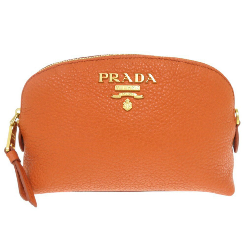 美品 プラダ なめし革 オレンジ色 合切袋 かざり付ける合切袋 0778【中古】PRADA