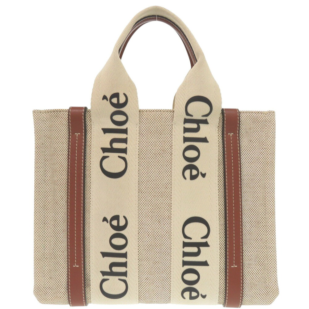 美品 クロエ ウッディ スモール トートバッグ CHC21US385E6690U レザー/コットン ベージュ ハンドバッグ 0687【中古】Chloe