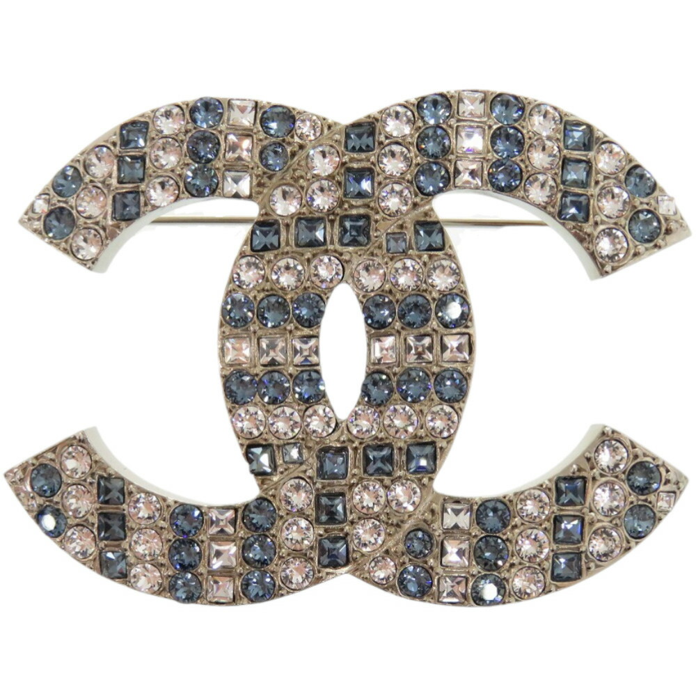美品 シャネル ココマーク ラインストーン メタル シルバー 青 ブローチ 1673【中古】CHANEL
