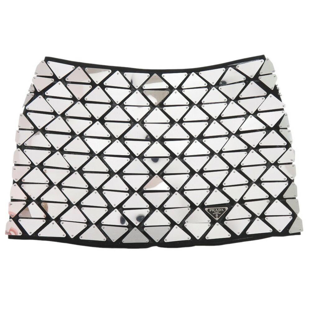 プラダ ミラーパネル P126UR S222 コットン シルバー/ブラック ミニスカート 0333【中古】PRADA