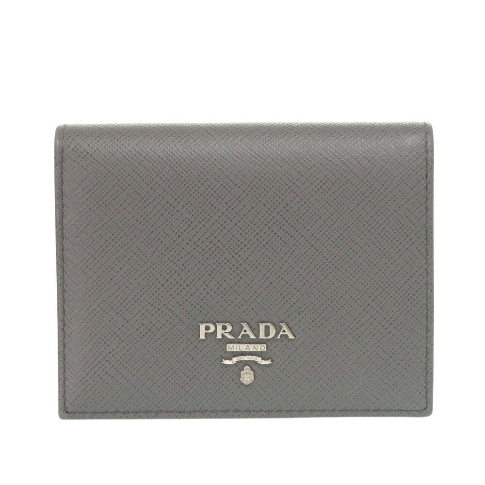 美品 プラダ サフィアーノレザー グレー ピンク 二つ折り財布 0064【中古】PRADA