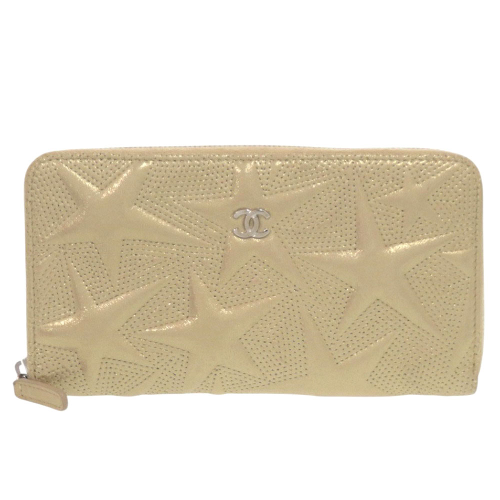 美品 シャネル スターエンボス なめし革 ゴールド 長紙入れ 0074【中古】CHANEL