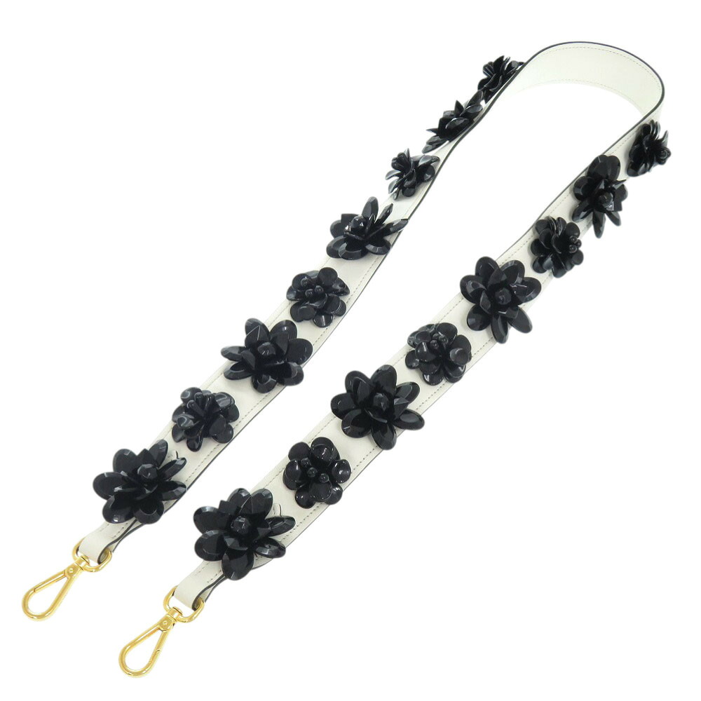 美品 プラダ ショルダーベルト ホワイト × ブラックフラワー レザー ショルダーストラップ 1085【中古】PRADA|LIFE TIME店