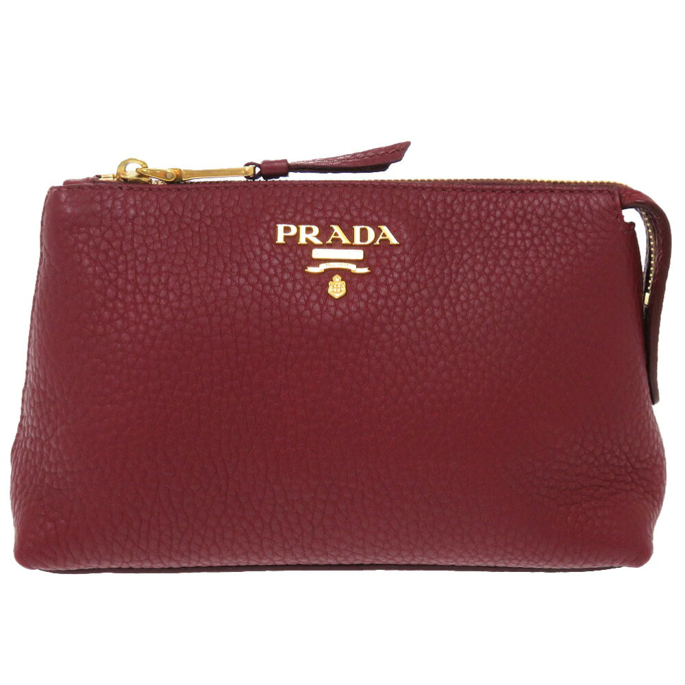 美品 プラダ なめし革 ボルドーワイン ゴールド金具 合切袋 御徒面子 1302 【中古】 PRADA