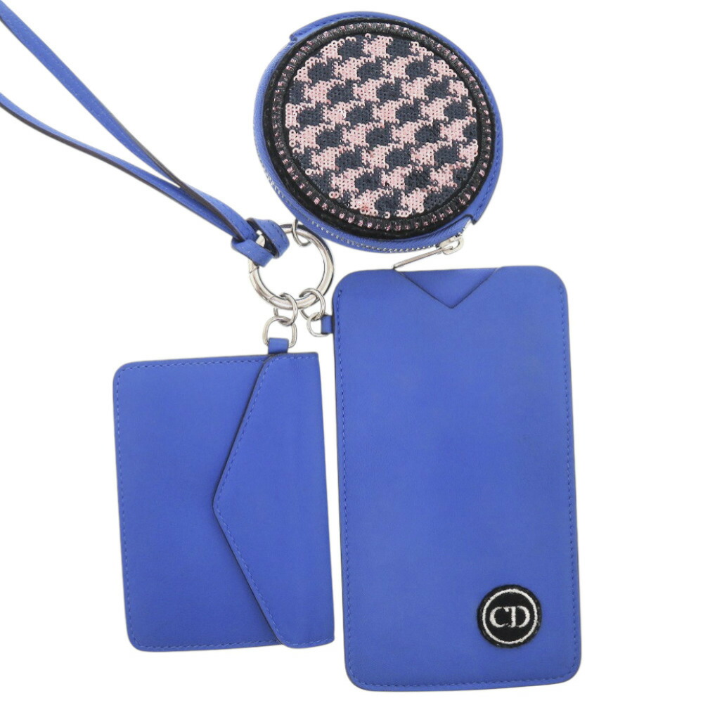 美品 クリスチャンディオール ネックポーチ レザー ブルー 青 カードケース 1422【中古】Christian Dior