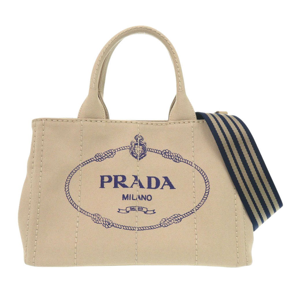 美品 プラダ カナパ ミニ 1BG439 キャンバス ベージュ ネイビー トートバッグ 0800【中古】PRADA