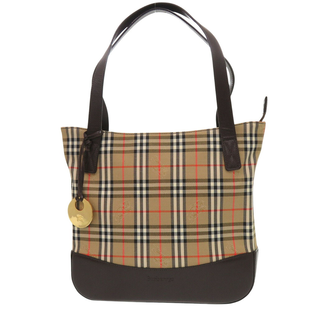 美品 バーバリー ノバチェック ロゴマーク レザーハンドバッグ キャンバス レザー ブラウン 1105【中古】BURBERRY