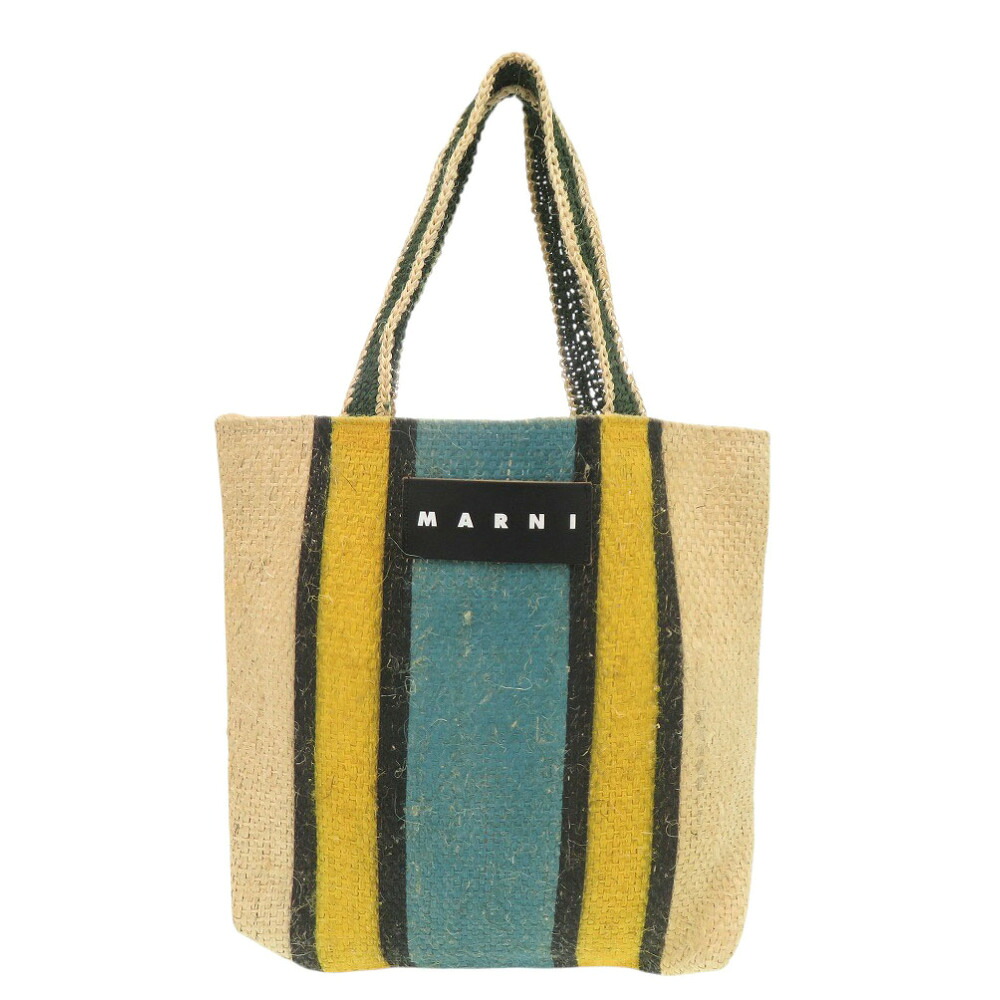 美品 マルニ カナパ トート ストライプ 麻 ベージュ イエロー ブルー トートバッグ 1422【中古】MARNI