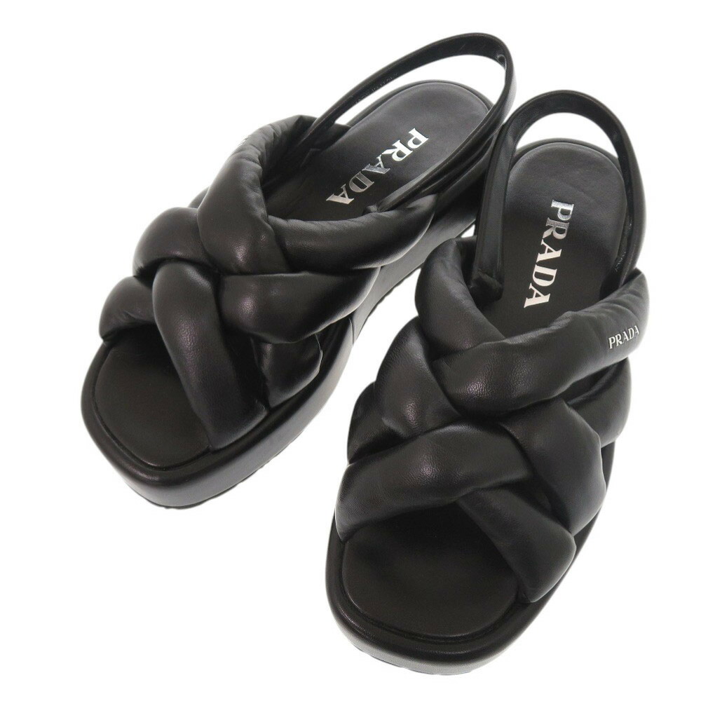 美品 プラダ ロゴ サイズ37 レザー ブラック サンダル 黒 1111【中古】PRADA