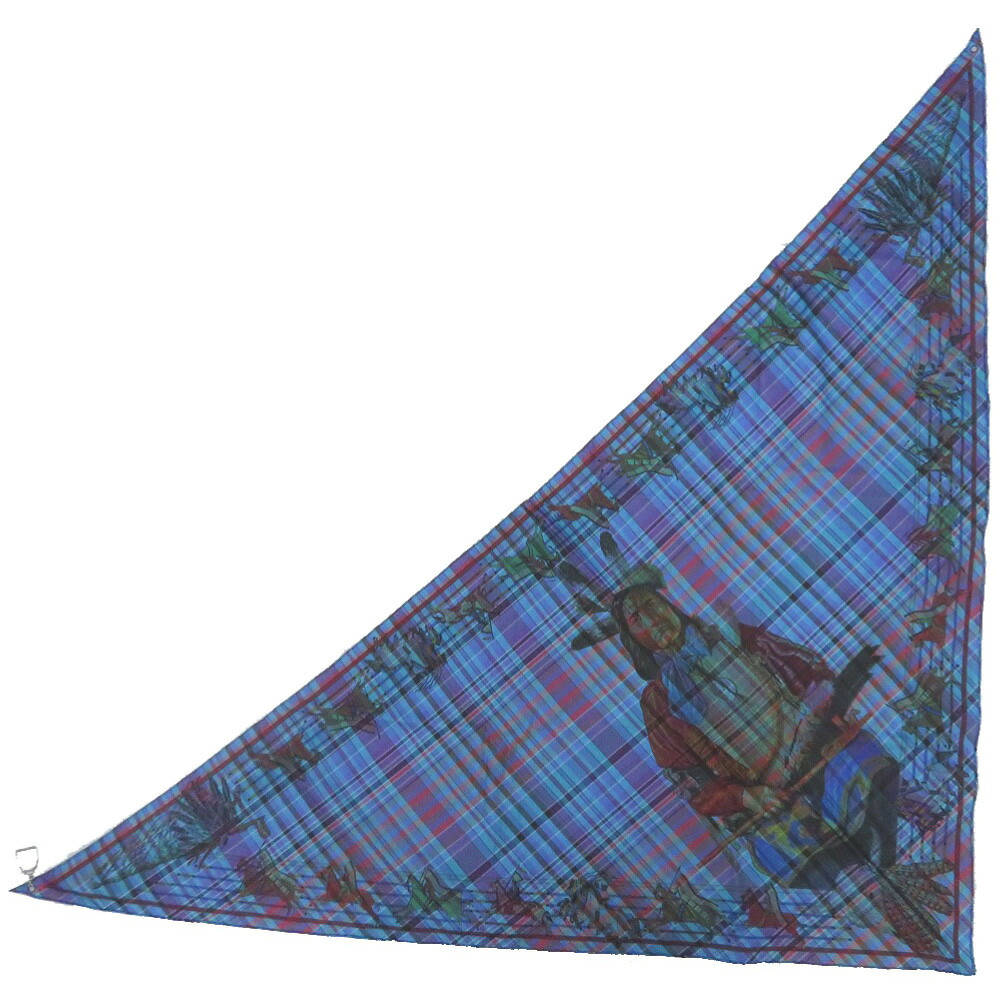 美品 エルメス マキシポワント パウニー族の首長 PANI LA SHAR PAWNEE チェック柄 シルバー金具 シルク パープル ブルー オレンジ スカーフ 0111【中古】HERMES