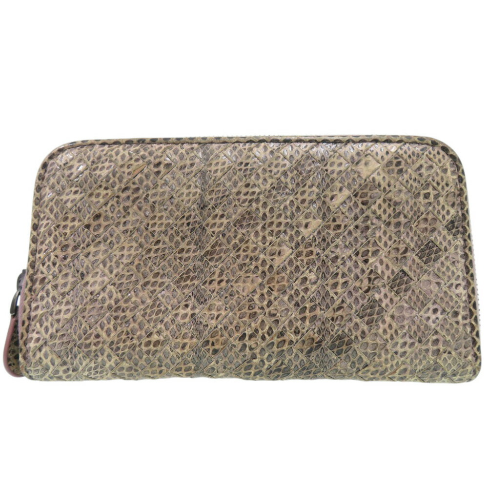 美品 ボッテガヴェネタ イントレチャート ラウンドジップ 長紙入れ パイソン ベージュ 0758【中古】BOTTEGAVENETA