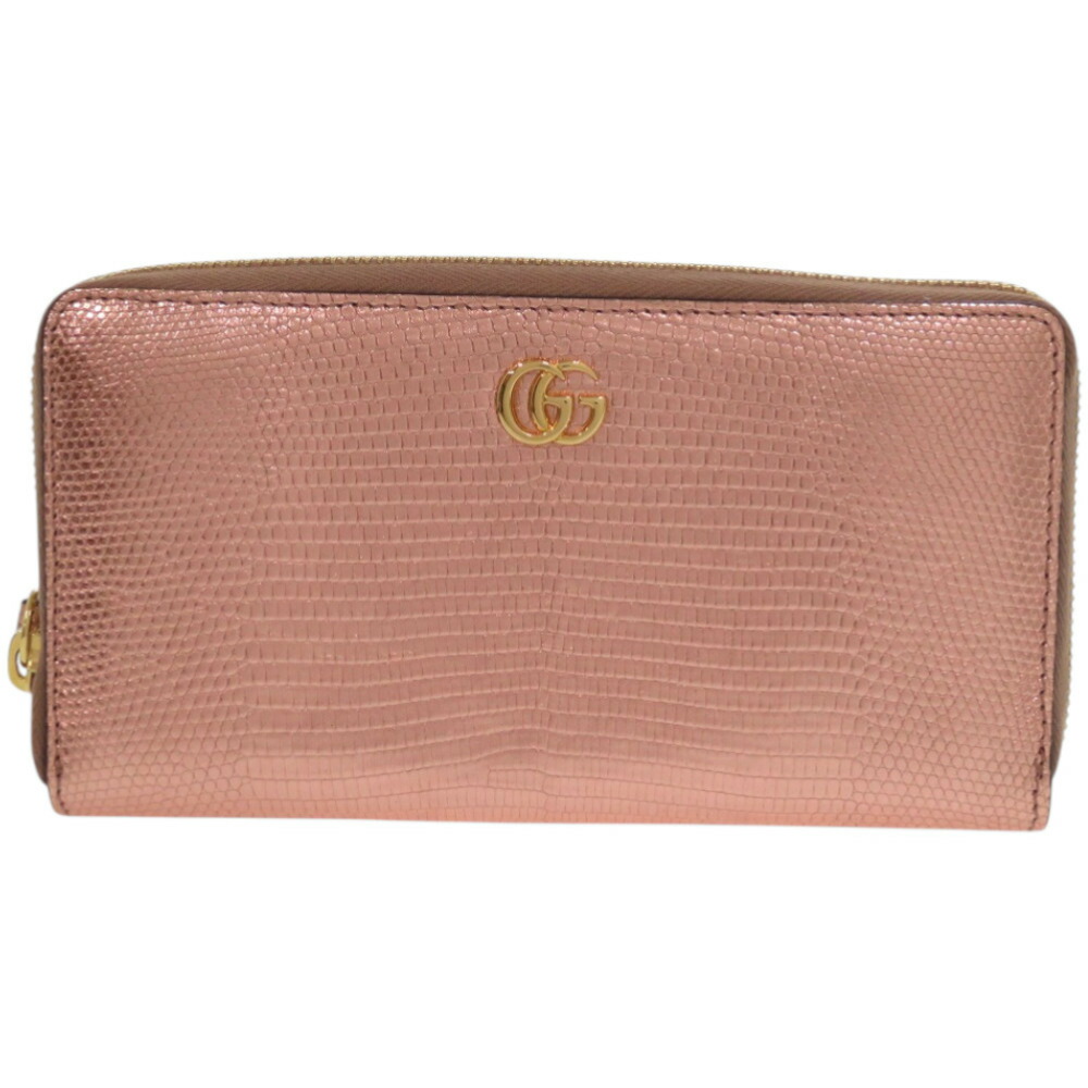 美品 グッチ ラウンドジッパー GGマーモント 456117 蜥蜴 サクラ色ゴールド 長紙入れ 0582【中古】GUCCI