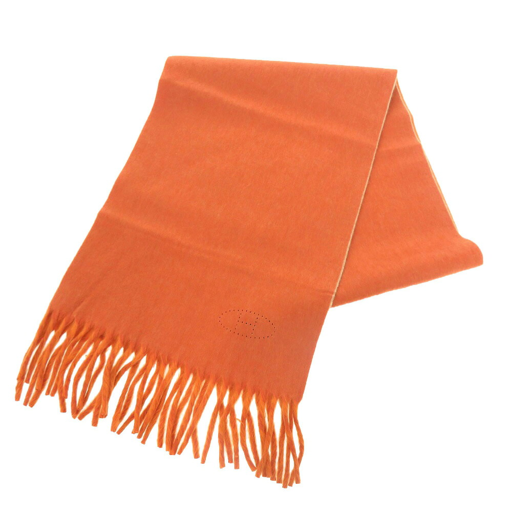 新品負けず劣らず エルメス ロゴタイプ カシミール オレンジ色 えり巻き 0784【中古】HERMES