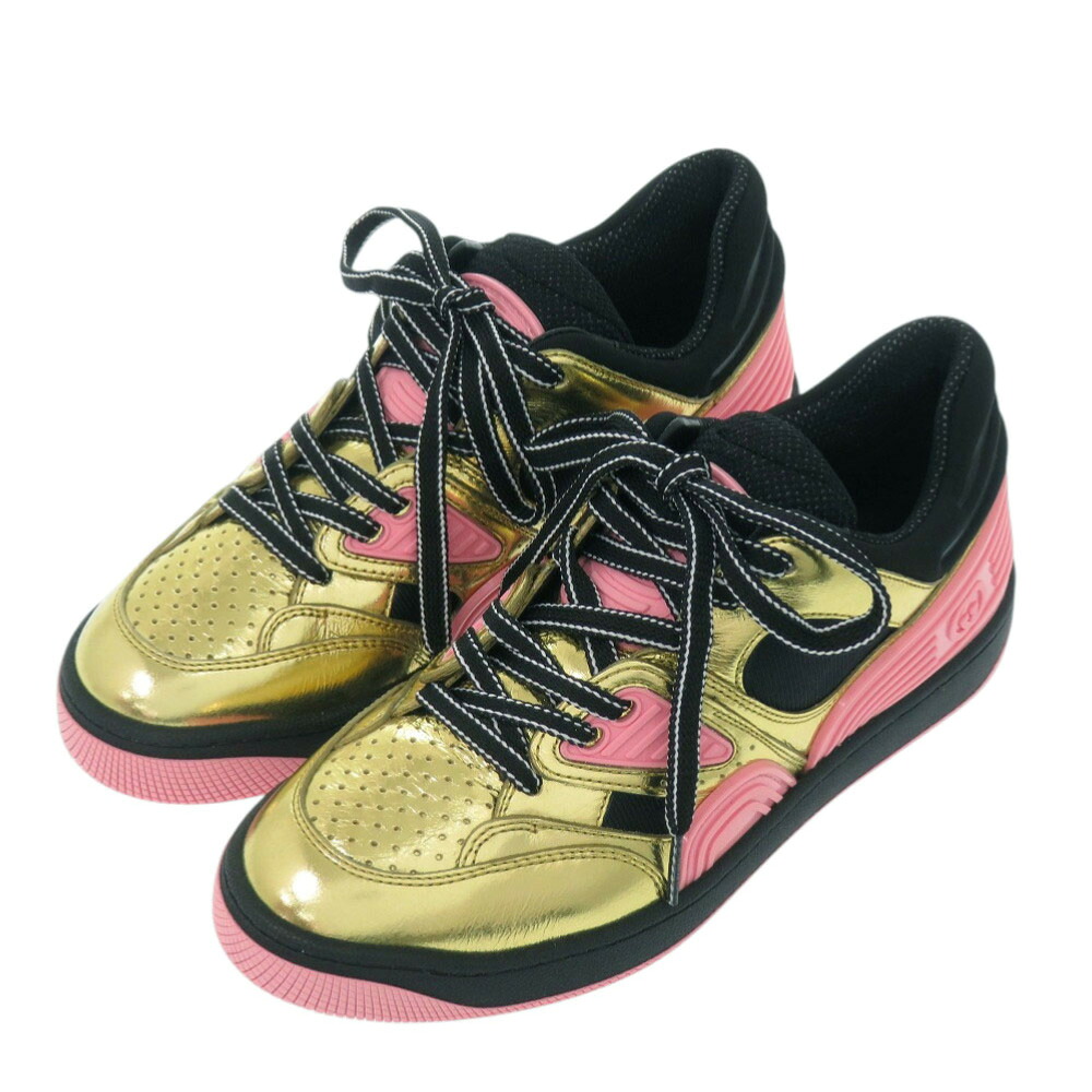 未当て嵌める品 グッチ 提げ篭 ローカットスニーカー BASKET LOW 725905 大きさ35 (日本大きさ22糎)  なめし革 天然ゴム ゴールド サクラ色 黒いこと 靴 1540【中古】GUCCI