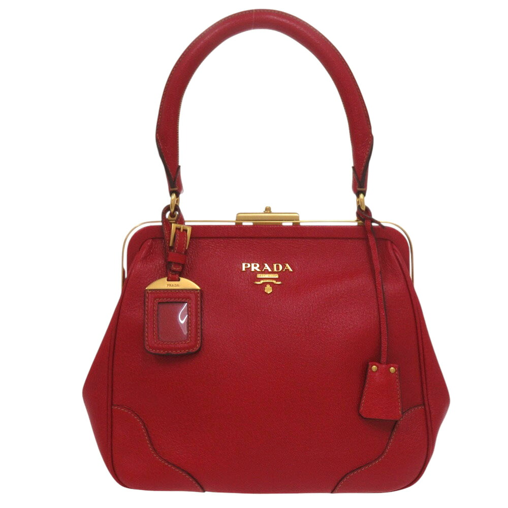 美品 プラダ がま口 BR3534 ピッグスキン レッド ゴールド金具 ハンドバッグ 赤 1366【中古】PRADA