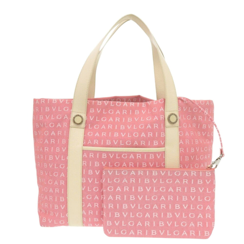 美品 ブルガリ ロゴマニア トートバッグ キャンバス レザー ピンク 0582【中古】BVLGARI