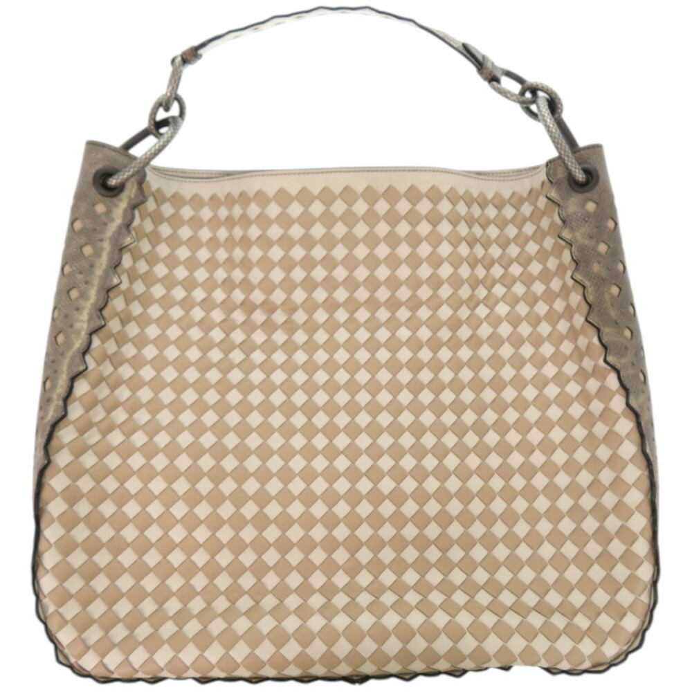 美品 ボッテガヴェネタ イントレチャート ミスト ミンク スネークスキン ホワイト トートバッグ 0313【中古】BOTTEGAVENETA