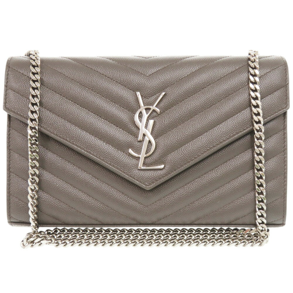 美品 サンローランパリ カサンドラ レザー グレー 377828 ショルダーバッグ チェーンウォレット 1489【中古】SAINT LAURENT PARIS
