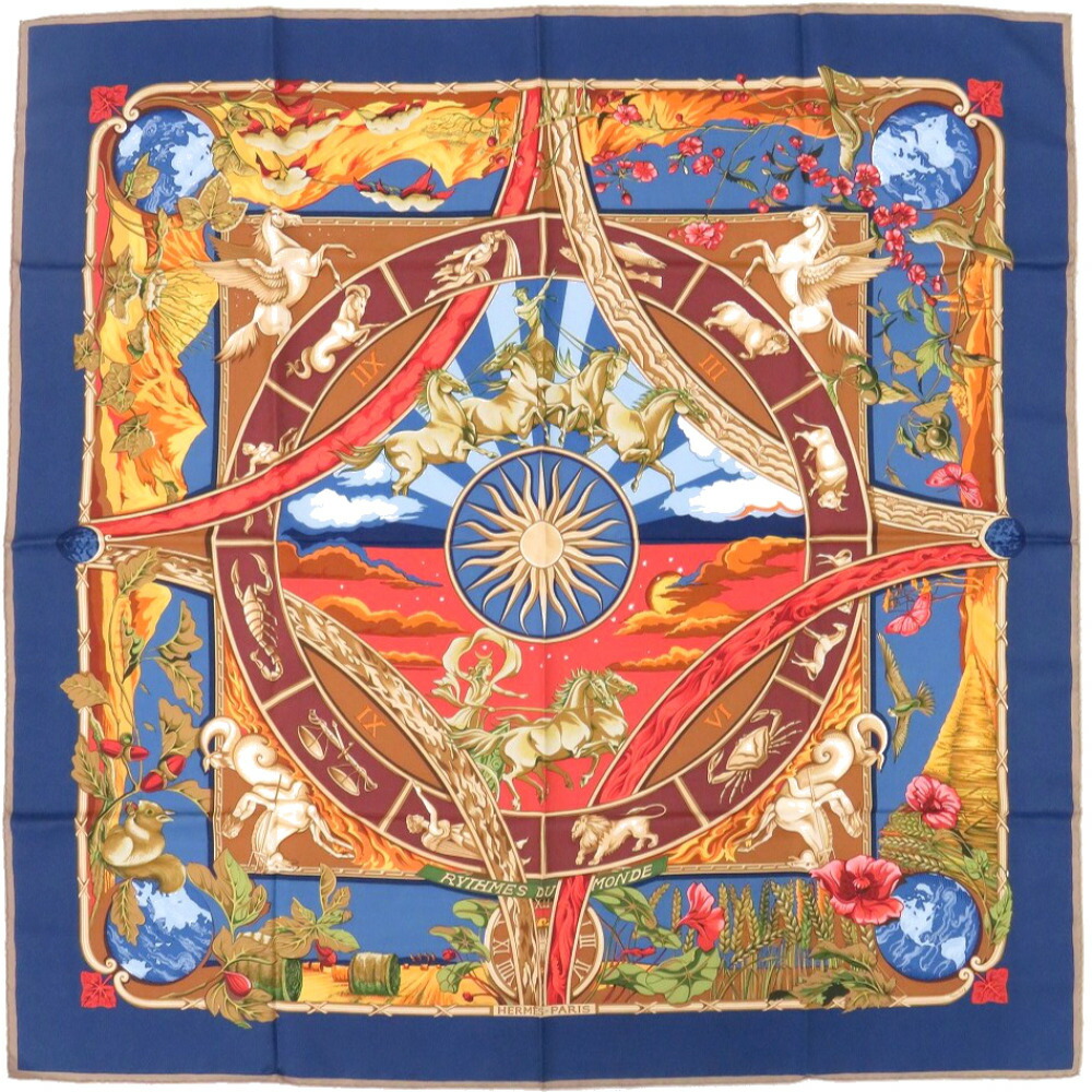 美品 エルメス カレ90 RYTHMES DU MONDE 分野の音楽的リズム 地絹 えり巻き 1116【中古】HERMES