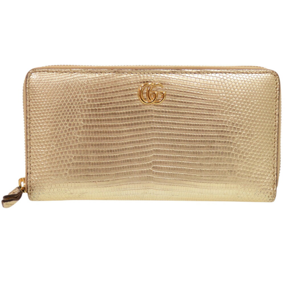 美品 グッチ ラウンドジッパー GGマーモント 長紙入れ 蜥蜴 ゴールド 0192【中古】GUCCI