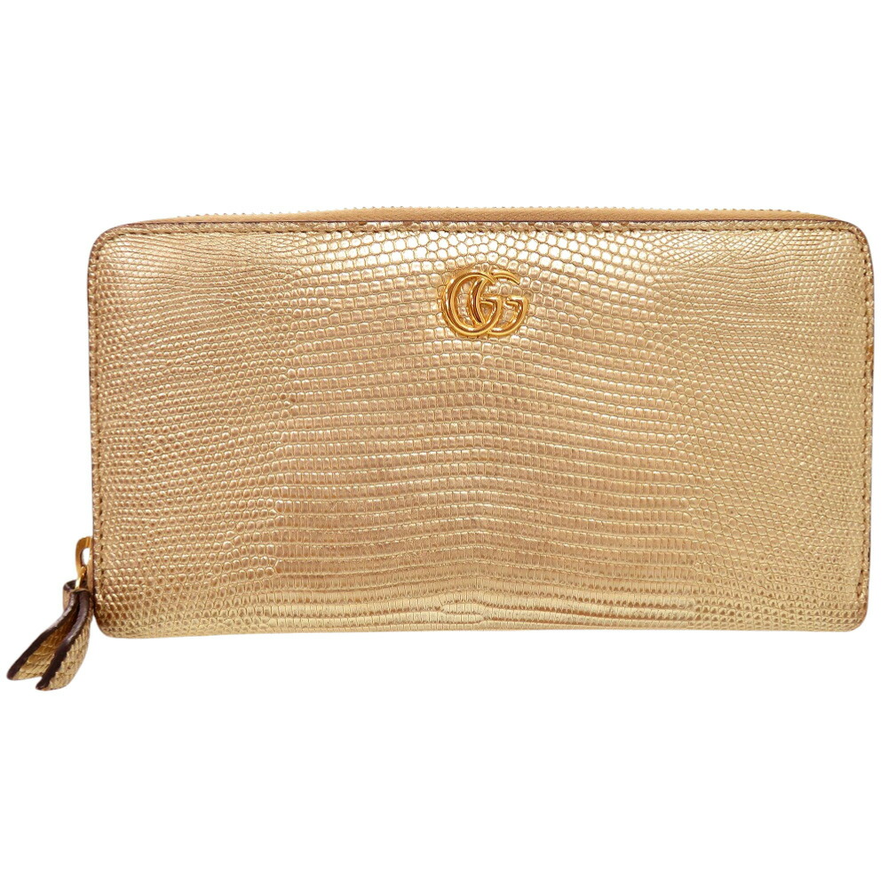 美品 グッチ ラウンドジッパー GGマーモント 長紙入れ 蜥蜴 ゴールド 0175【中古】GUCCI