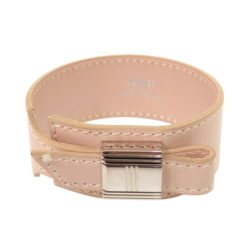美品 エルメス アルミテミス レザー メタル ピンクベージュ シルバー金具 F刻印 ブレスレット 0528【中古】HERMES｜ＬＩＦＥ ＴＩＭＥ店