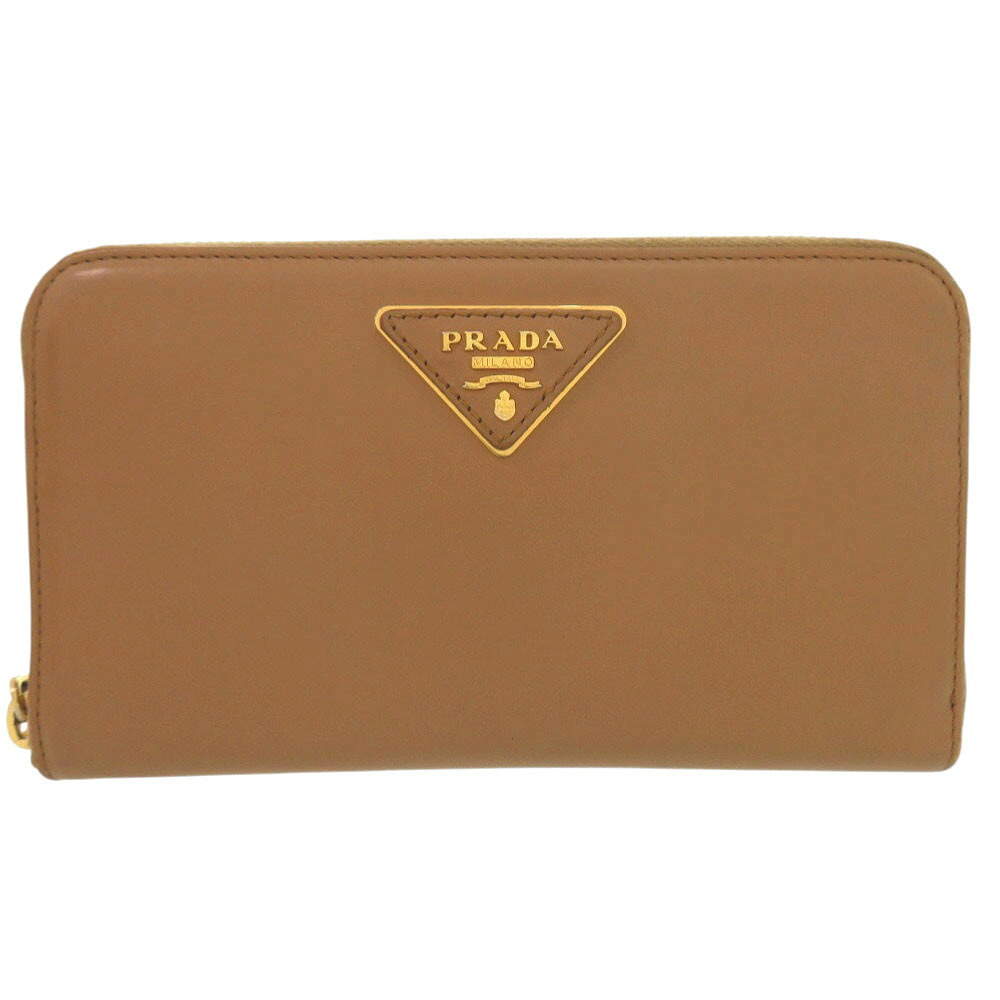 美品 プラダ トライアングルロゴプレート ラウンドジッパー 1M0506 ゴールド金具 なめし革 カルメ焼 赤銅色 茶 長紙入れ  0663【中古】PRADA