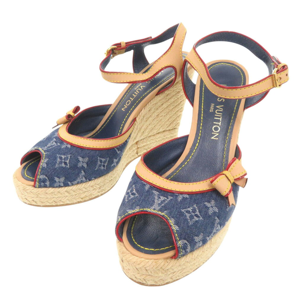 ルイ ヴィトン モノグラムジーンズ 麻 大きさ37 青碧 ベージュ ウェッジソール サンダル LV 0734【中古】LOUIS VUITTON