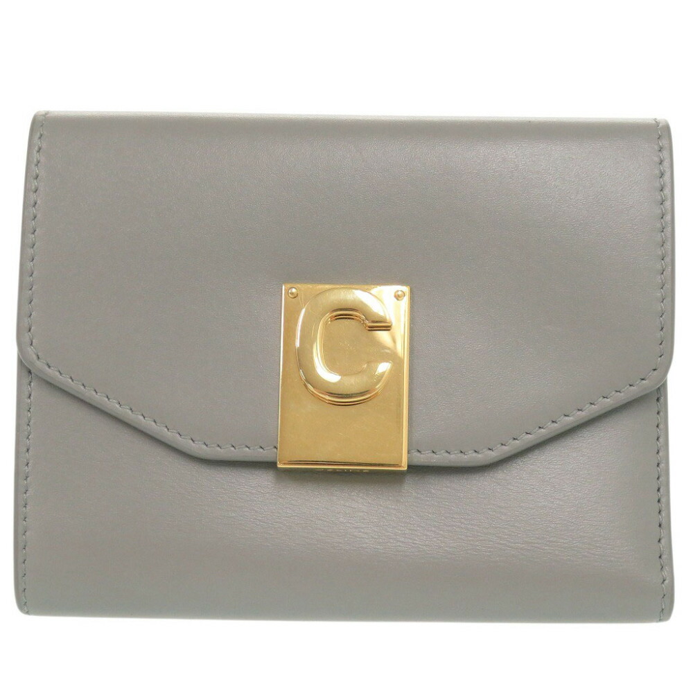 美品 セリーヌ C金具 コンパクトウォレット なめし革 薄墨色 三つ折り紙入れ 0001【中古】CELINE