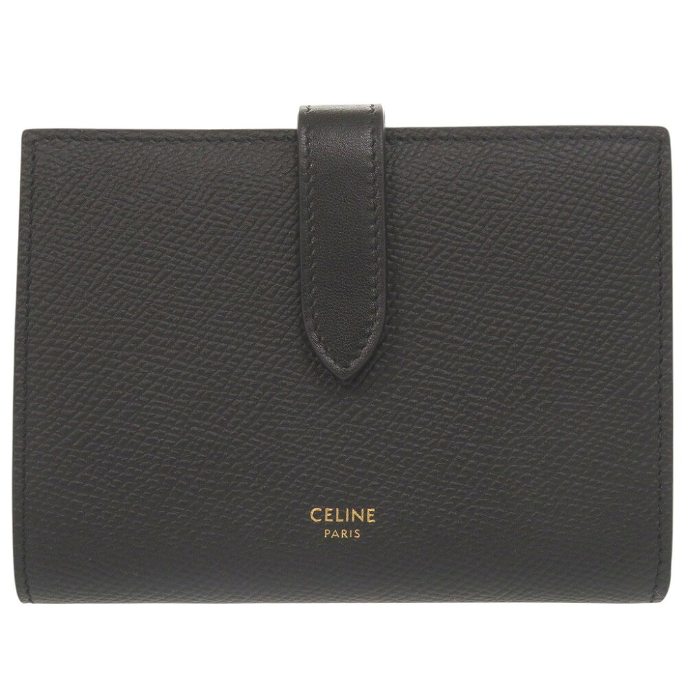 美品 セリーヌ 並み並み ストラップウォレット なめし革 黒いこと 二つ折り紙入れ 黒 0265【中古】CELINE