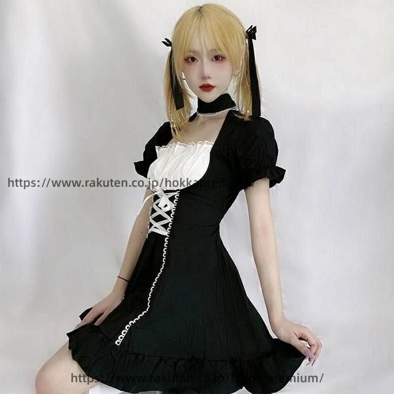 ゴシックロリータ ギャザー ワンピース 婦人服 ロリータ ゴスロリ パフスリーブ チョーカーネック レディース