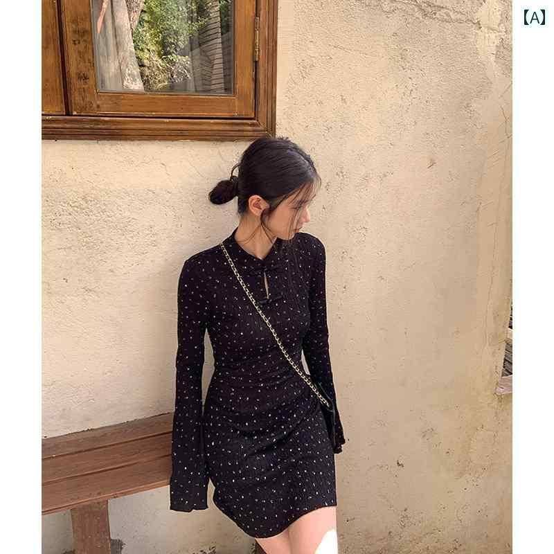 長袖 チャイナ風 ワンピース 王女の 花柄 ニット かわいい 2025 スリム 女性 ワンピース 春 スカート