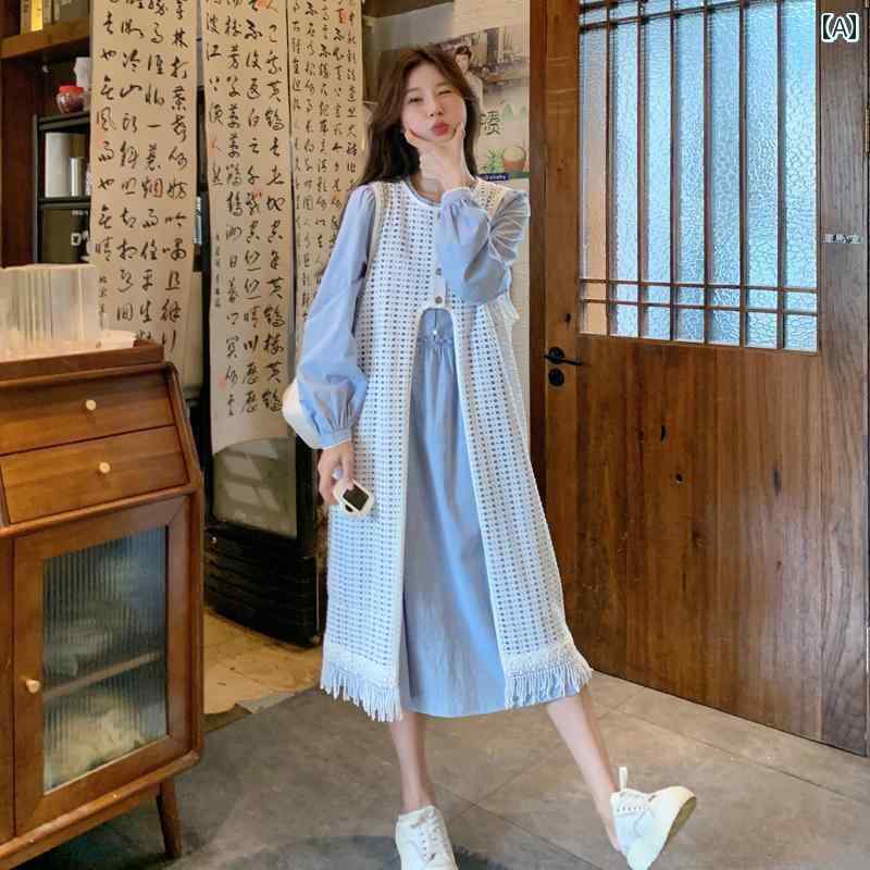 フォレスト 初秋 ドレスを 春 付き ブラウス 重ねて シャツ ドレスと 雰囲気を オシャレ 2024 小さい トップス 着ます さわやか ブルーの フリンジ