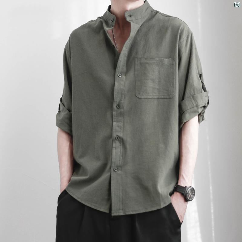 ジャケット トップス コットン 半袖 風 ファッション 夏用 たり メンズカジュアル リネンシャツ メンズ シャツ 薄手 チャイナ コーデ メンズ