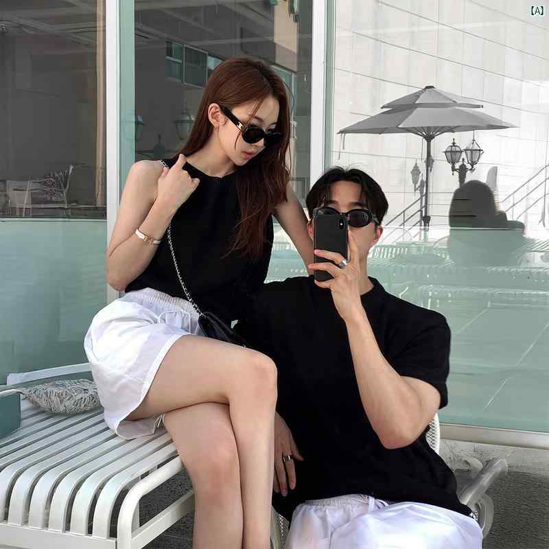 コーデ イン 半袖 ヘビーウェイト レディース 夏 ハイエンド ファッション Tシャツ メンズ ベスト ブラック ニット カップル メンズ トップ 韓国 韓国ファッション オシャレ ウェア