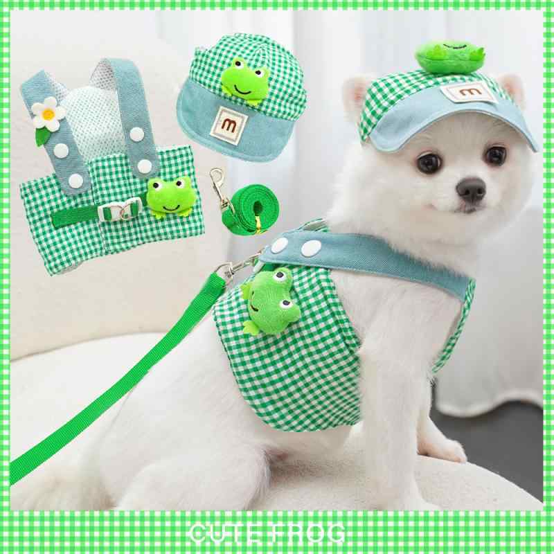 服 犬 春夏 かわいい 綿製 お出かけ 赤 ペット用ハーネス リード 帽子付き カエル柄 セット チェック 小型犬 お散歩 猫