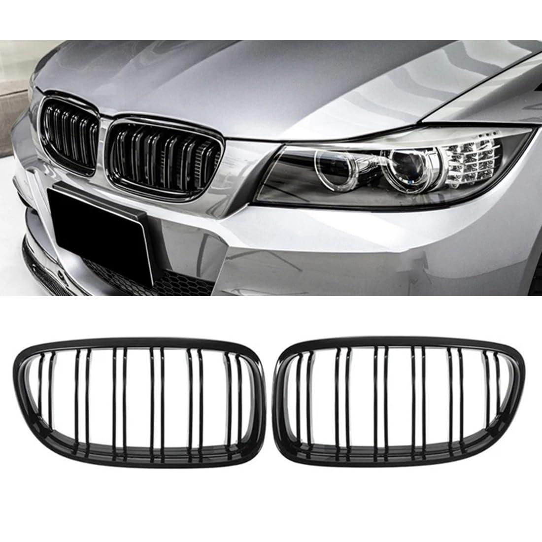 フロントグリルカ for BMW 3 シリーズ E90 E91 2009-2012 用、1 ペアデュアルスラット車フロントバンパーグリルフロントキドニーグリル